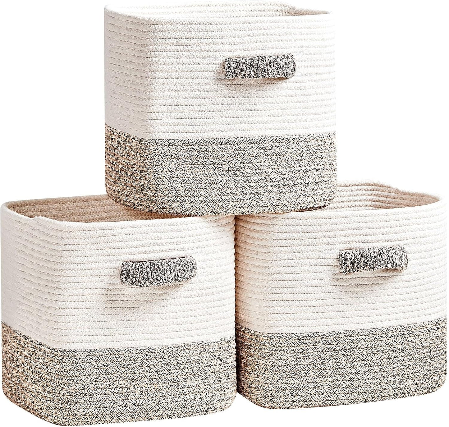 R RUNKA Storage Cube Baskets 3-Pack - 11 inch Square Baskets, Closet & Shelves Organizers - Woven & Drawer Storage - Ideal for Toys | White & Beige