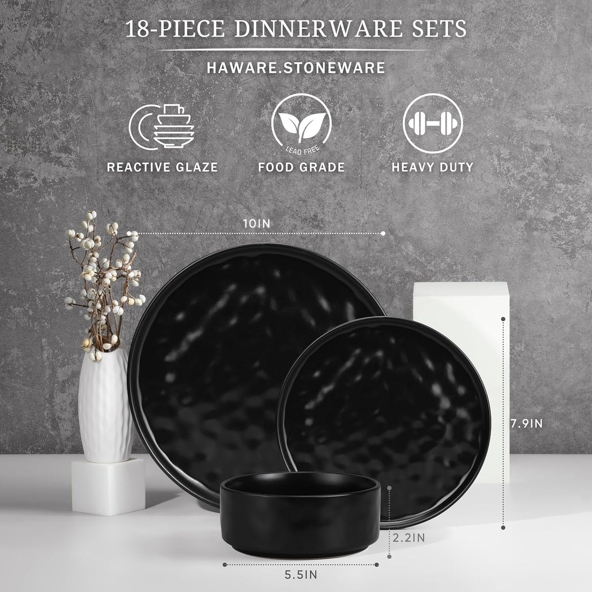 HaWare Dinnerware Sets, 18-Piece Plates and Bowls Set, Matte Black