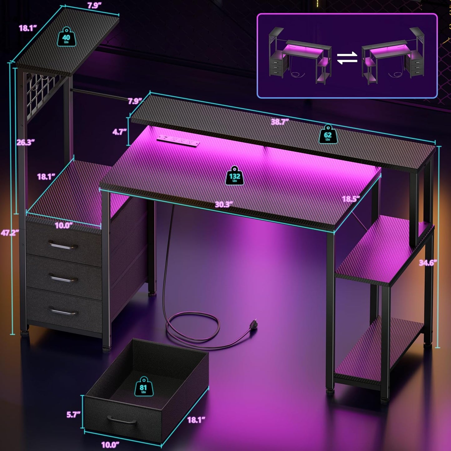 Korfile 48 Inch Gaming Desk with LED Lights & Power Outlets,Computer Desk with Fabric Drawers & Side Hook,Reversible Gamer Table with Monitor Stand for Game Room,Home Office,Carbon Fiber Black