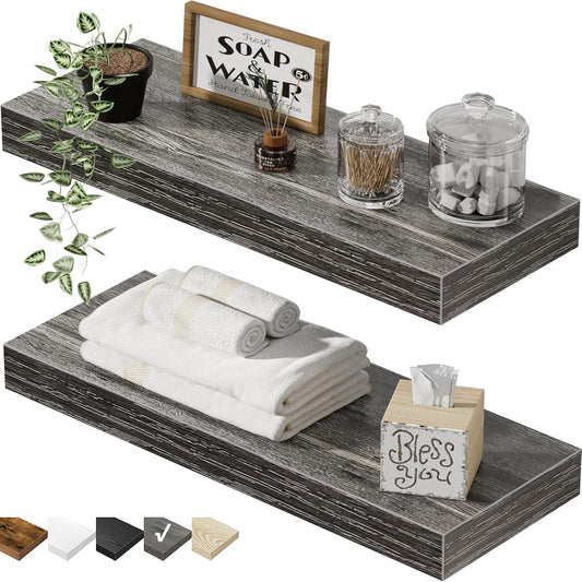 QEEIG Bathroom Floating Shelves for Wall - 15.7" Wall Mounted Shelf Over Toilet Farmhouse Home Decor Display Bookshelf Small 15.7 x 6.7 inch Set of 2, Grey (008-40GY)