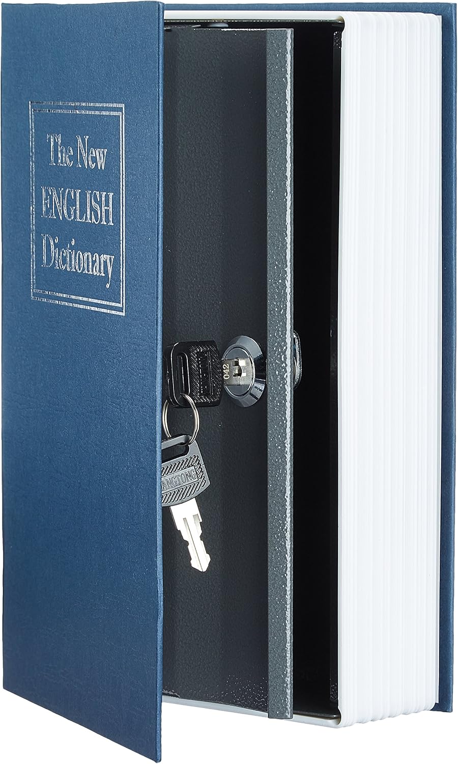 Amazon Basics Portable Diversion Book Safe, Secret Hidden Lock Box with Key Lock for Valuables, Hidden Storage Compartment Disguised as a Book, Large, Blue