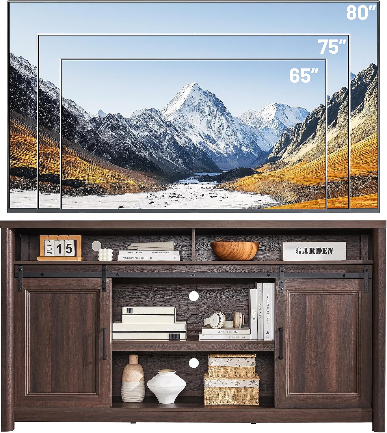 Farmhouse TV Stand for Living Room, Entertainment Center with Storage, Walnut TV Console for Bedroom, Media Storage Cabinet with Sliding Barn Doors & Adjustable Shelves, Fits 80 Inch TV, Rustic Wood
