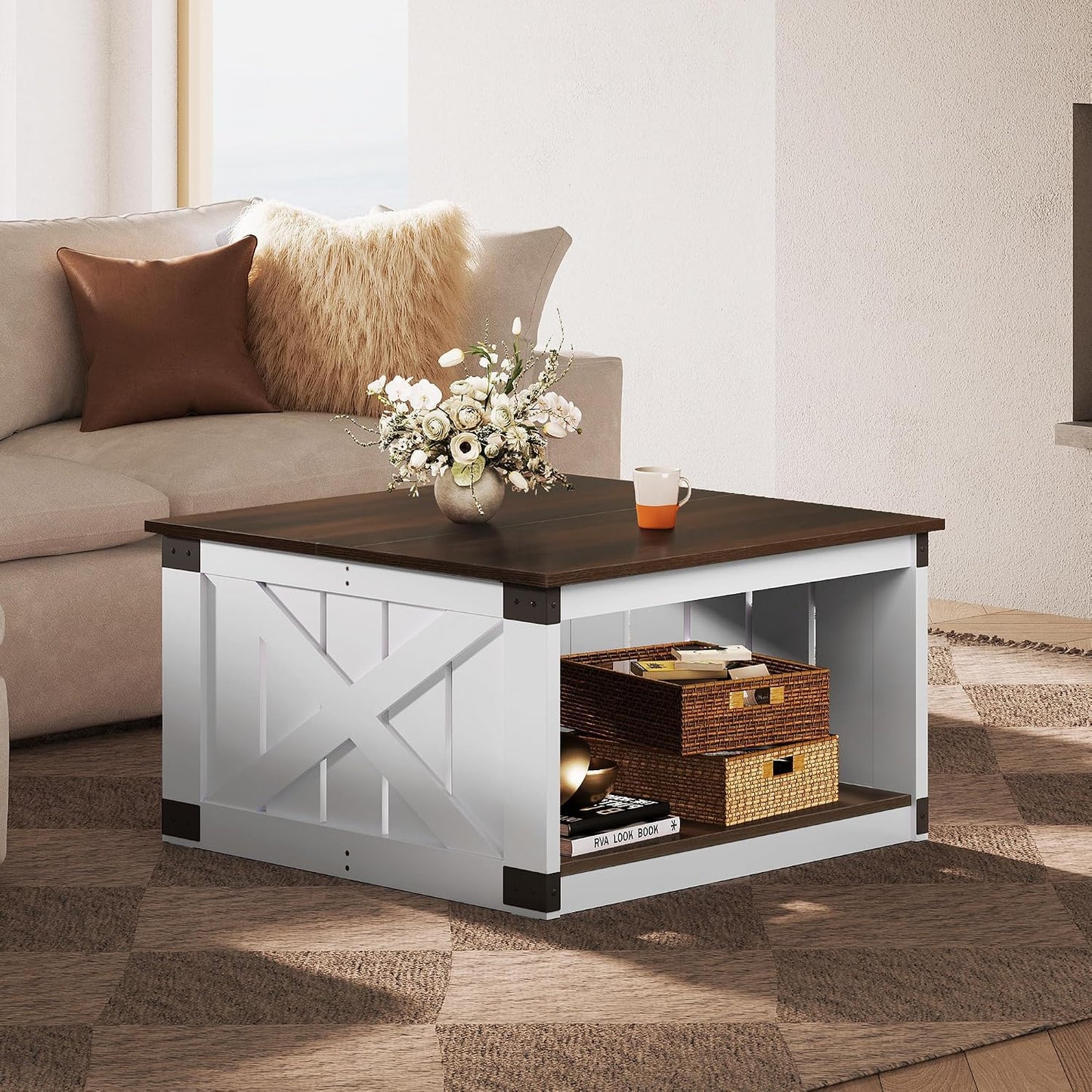 WLIVE Coffee Table, Farmhouse Coffee Table with Open Storage, 31.5" Wood Square Living Room Tables, Rustic Dining Cocktail Center Table for Living Room, Espresso