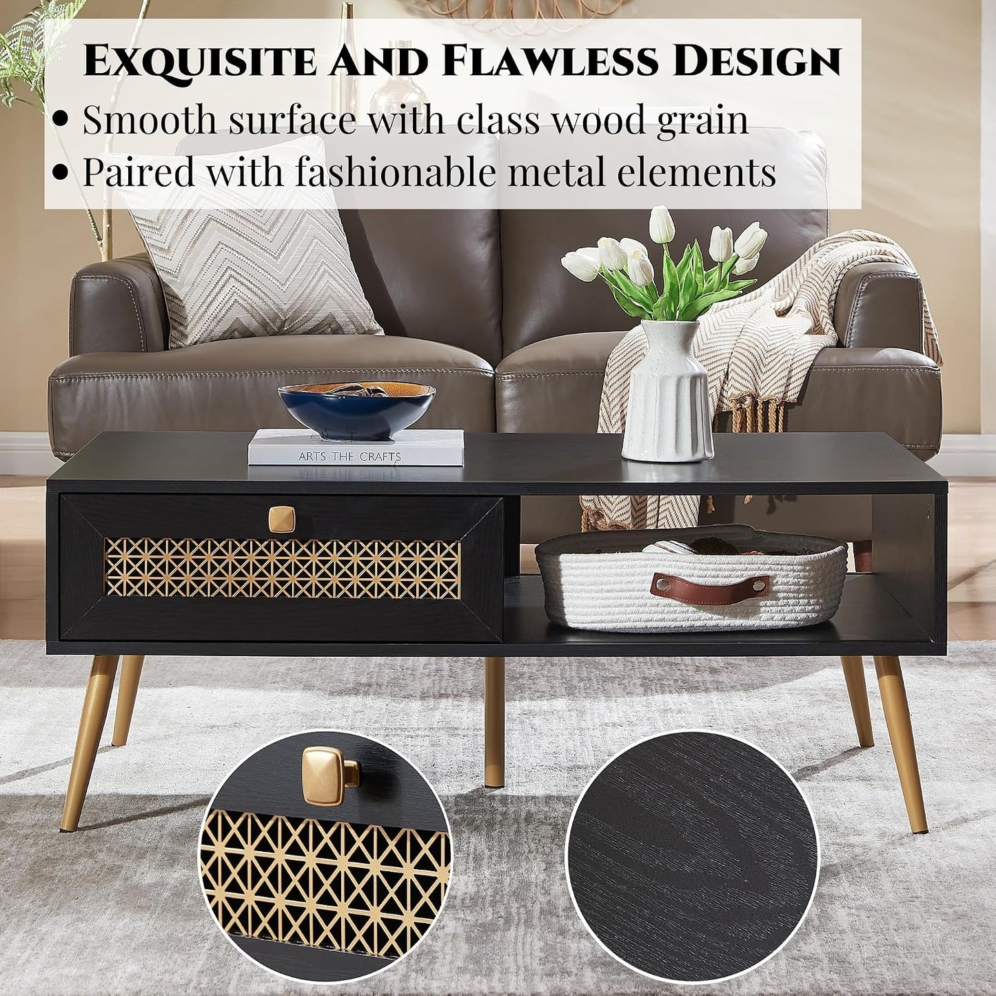 Wooden Mid Century Modern Coffee Table, Retangle Coffee Table with Sliding Door for Living Room, Black