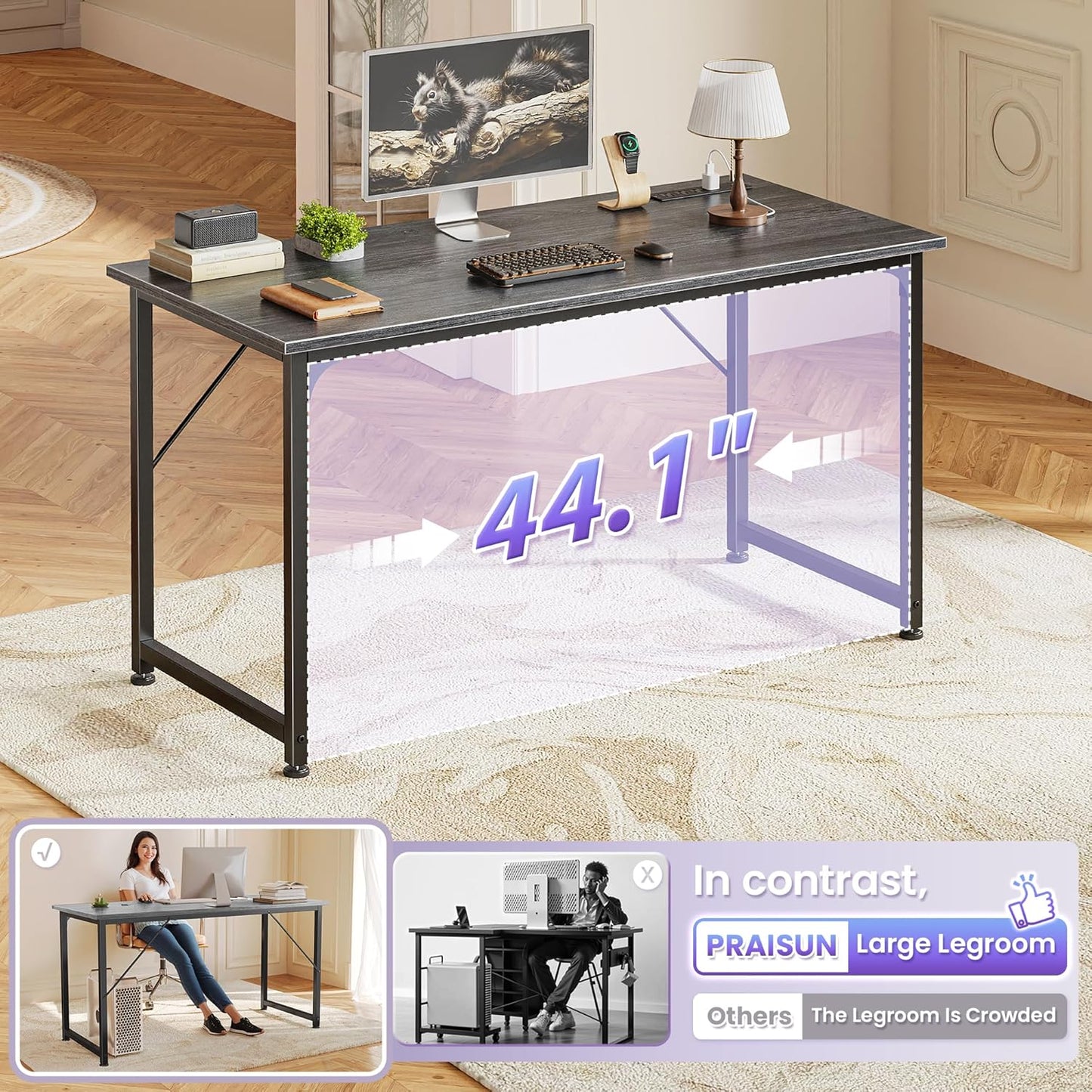 PRAISUN 47 X 20 Inch Office Computer Desk with Power Outlets and USB-C Port, Larger Gaming Desk, for Home Office, Study, Bedroom, Writing Work from Home Table, Metal Frame, Grey
