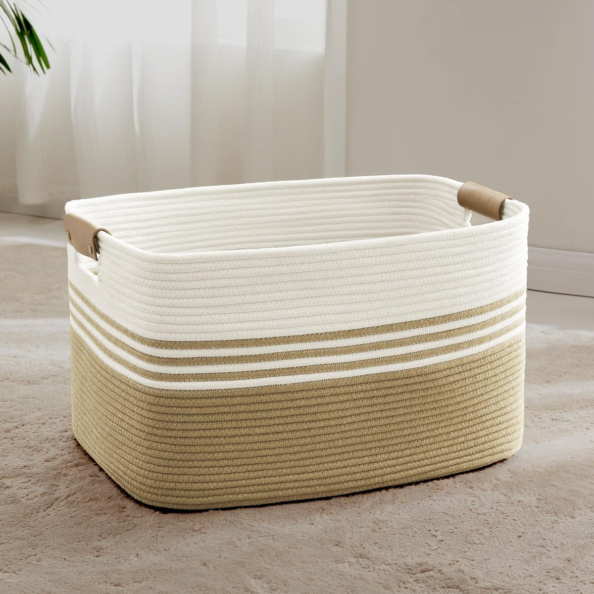 72L Large Woven Laundry Basket Hamper with Leather Handles,Khaki