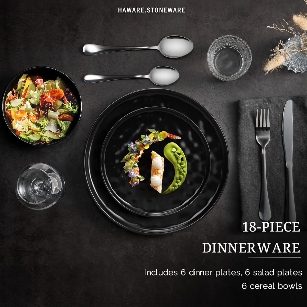 HaWare Dinnerware Sets, 18-Piece Plates and Bowls Set, Matte Black