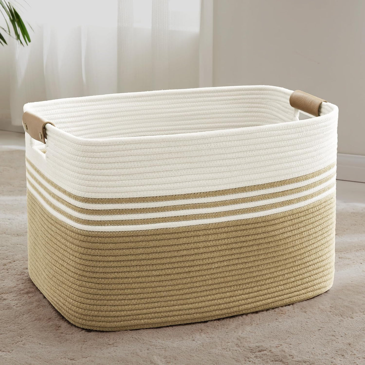 86L Large Woven Laundry Basket Hamper with Leather Handles,Khaki