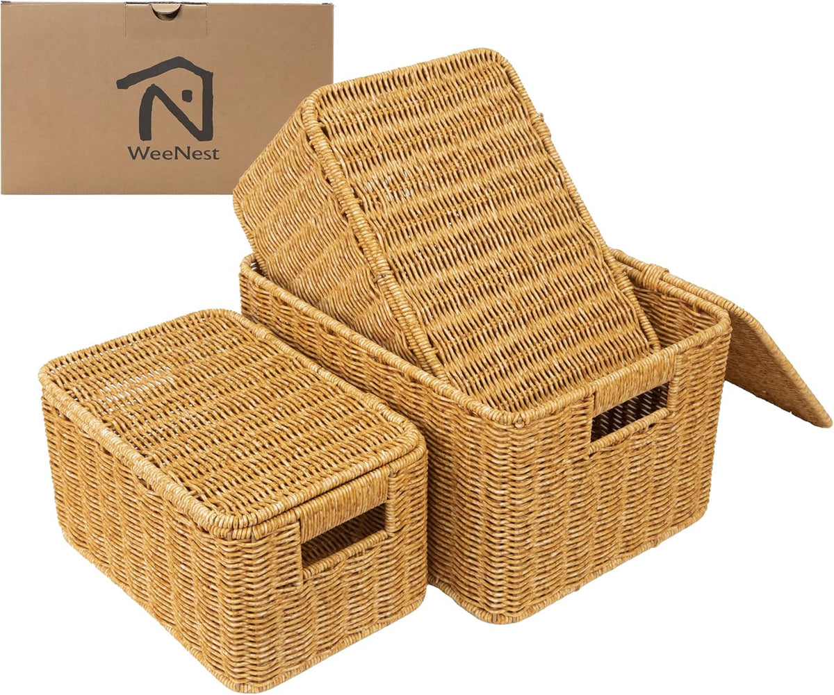 WeeNest Baskets with Handles, Wicker Storage, Shelf Boxes for Organizing, Decorative Resin, Set of 3, Toffee