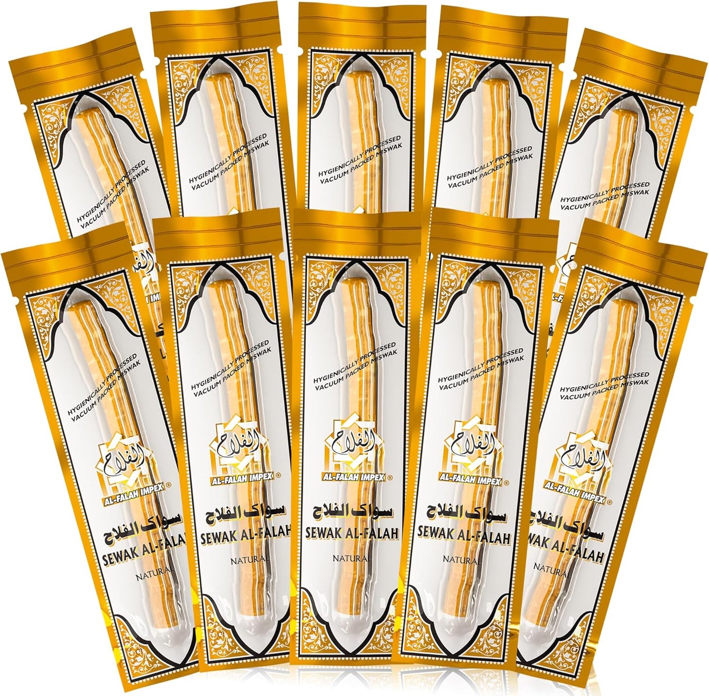 SEWAK AL-FALAH Miswak (Traditional Natural Toothbrush) - 10 Pack - Individually Vacuum Sealed for Long-Lasting Freshness – Traditional Oral Care for Deep Cleaning, Whitening, and Plaque Defense