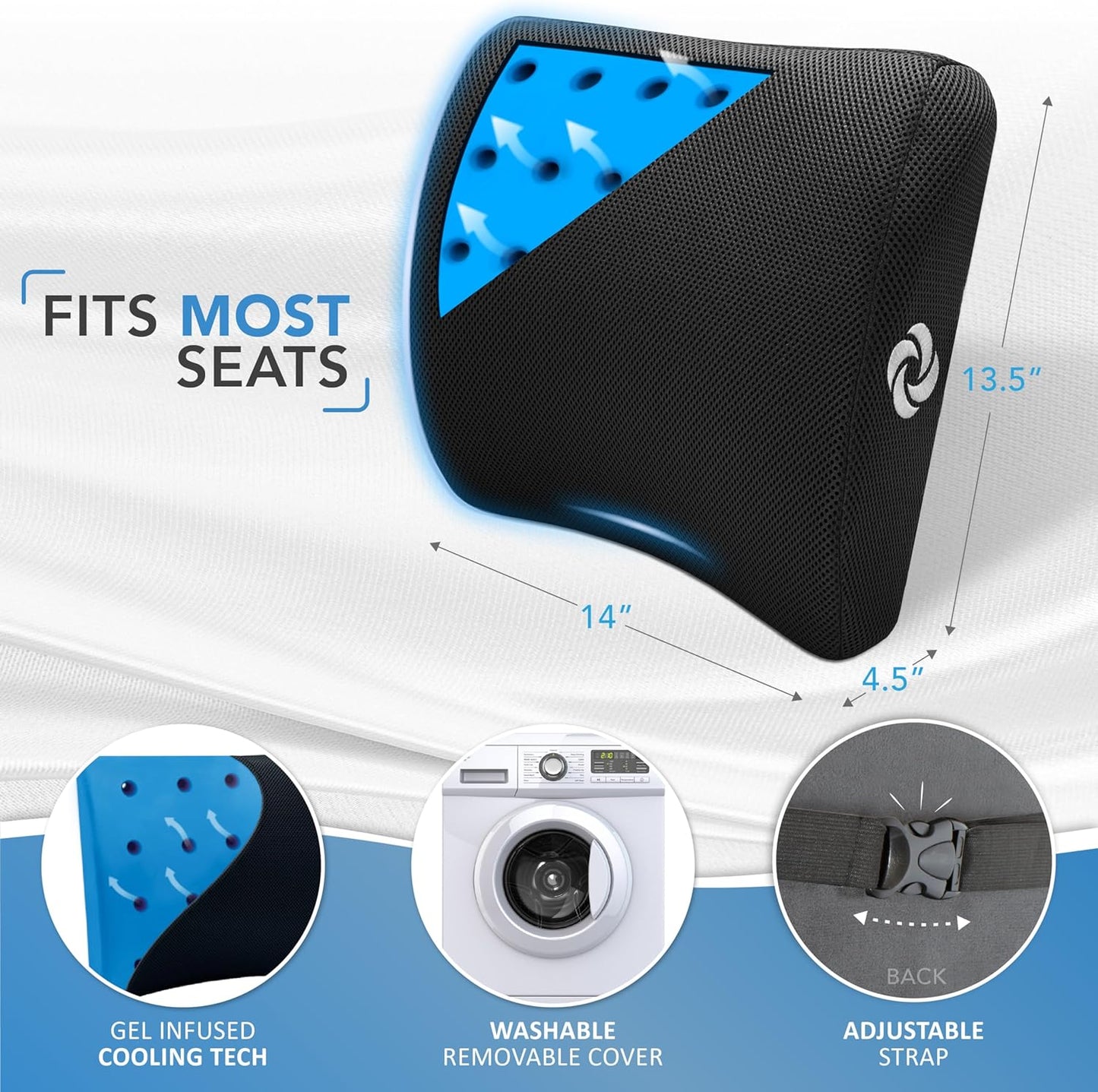 Samsonite Memory Foam Lumbar Support Pillow for Office Chair, Gaming Chair & Car Seat Automotive Use, Home Office Essentials for Sitting Comfort and Posture Relief Back Support, Black with Cooling Gel
