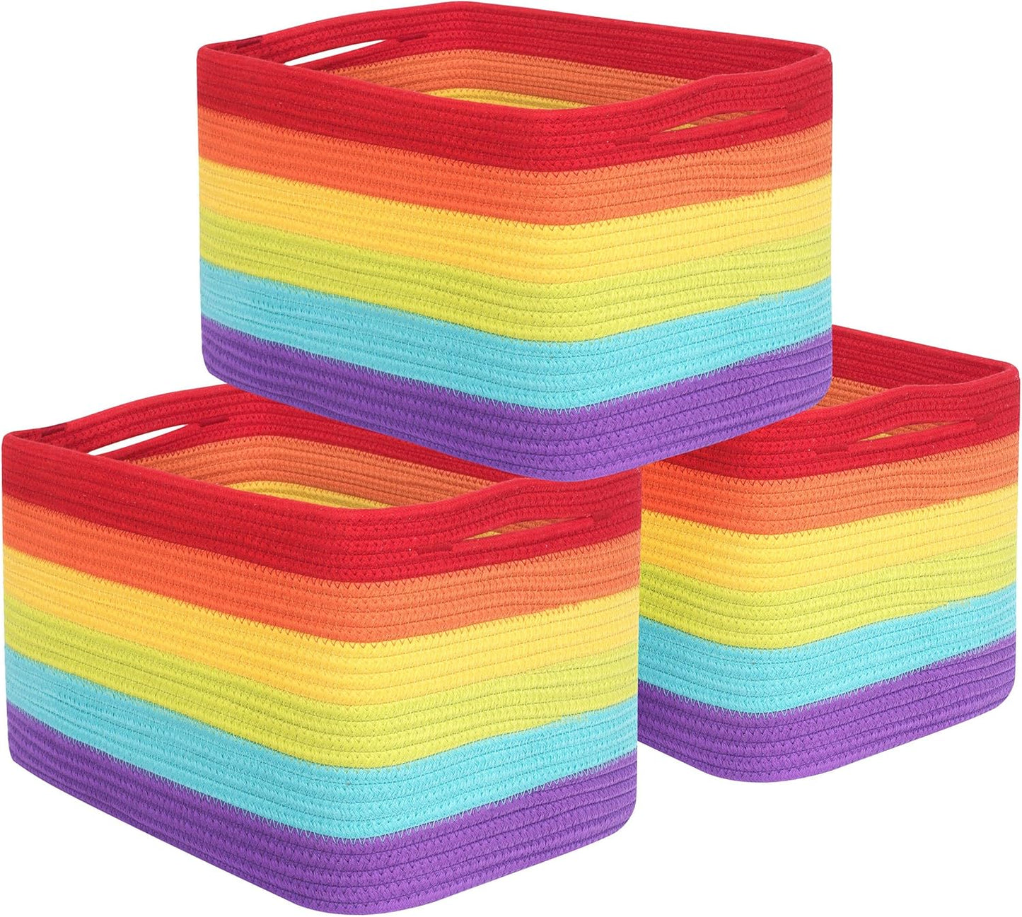MINTWOOD Design 3-Pack Storage Baskets for Shelves, Playroom and Classroom, Book Basket, Decorative Storage Cube Bins, Woven Closet Organizers, Pantry and Shoe Organizer, Rainbow