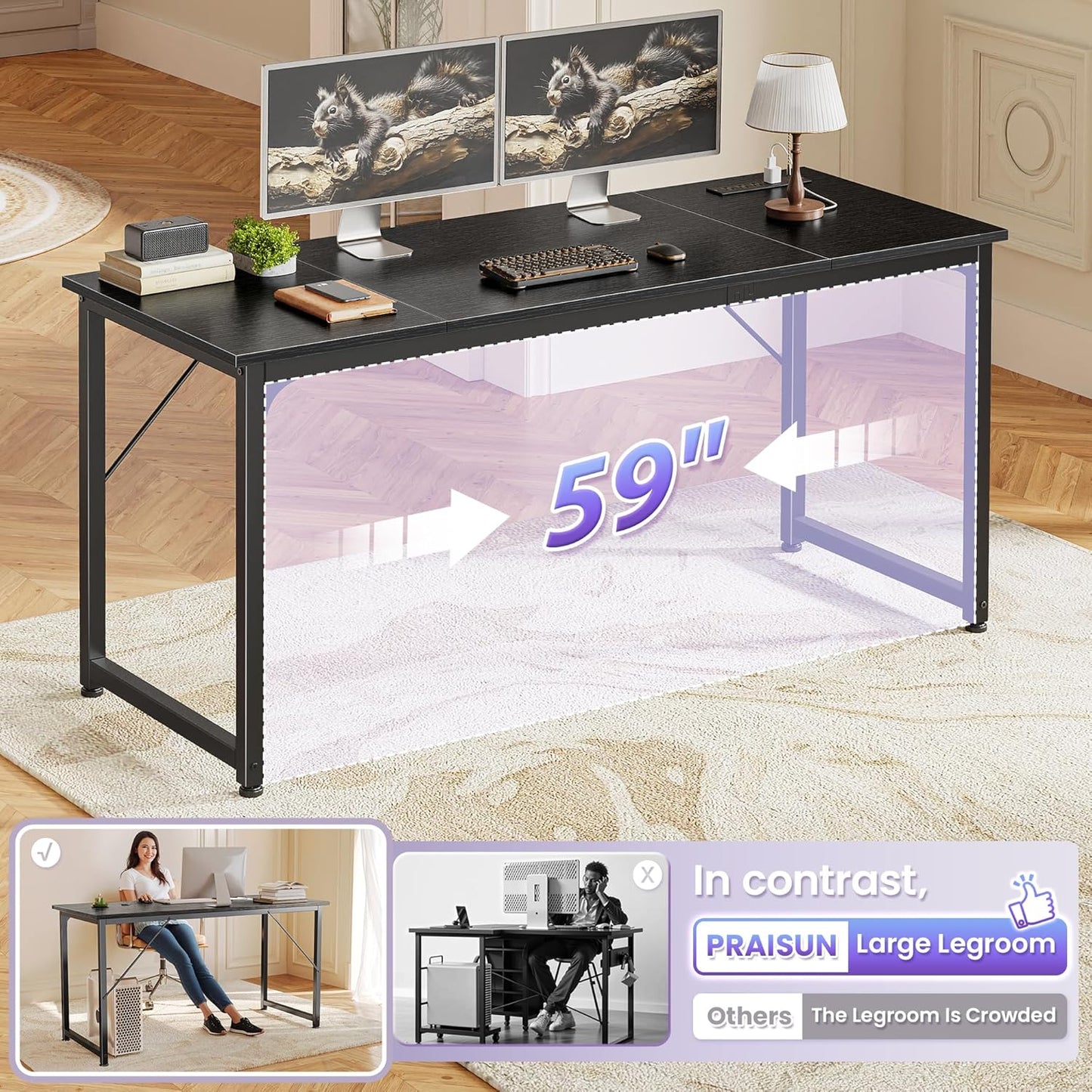 PRAISUN 63 X 24 Inch Office Computer Desk with Power Outlets and USB-C Port, Larger and Longer Gaming Desk, for Home Office, Study, Writing Work from Home Table, Metal Frame, Black