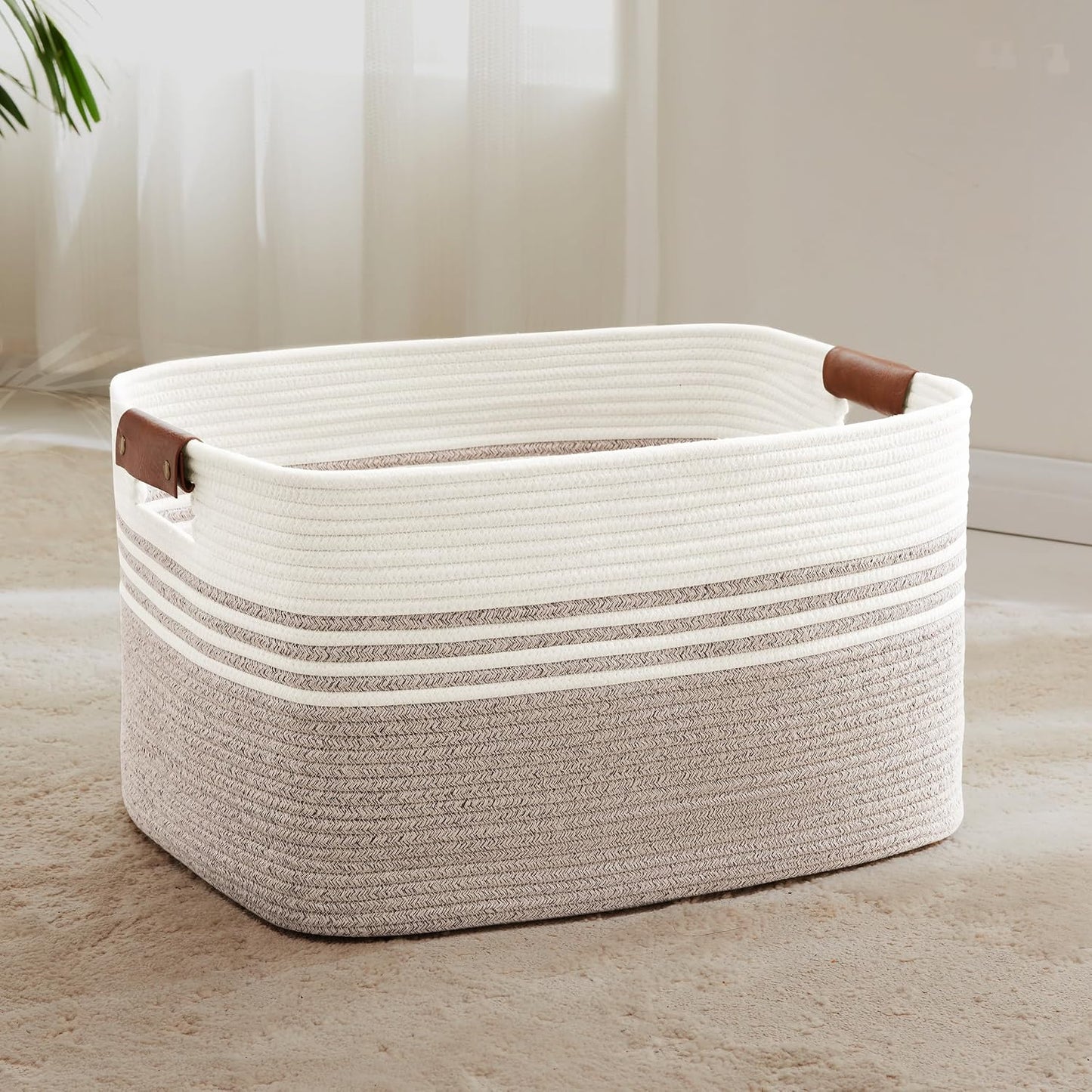 72L Large Woven Laundry Basket Hamper with Leather Handles,Brown