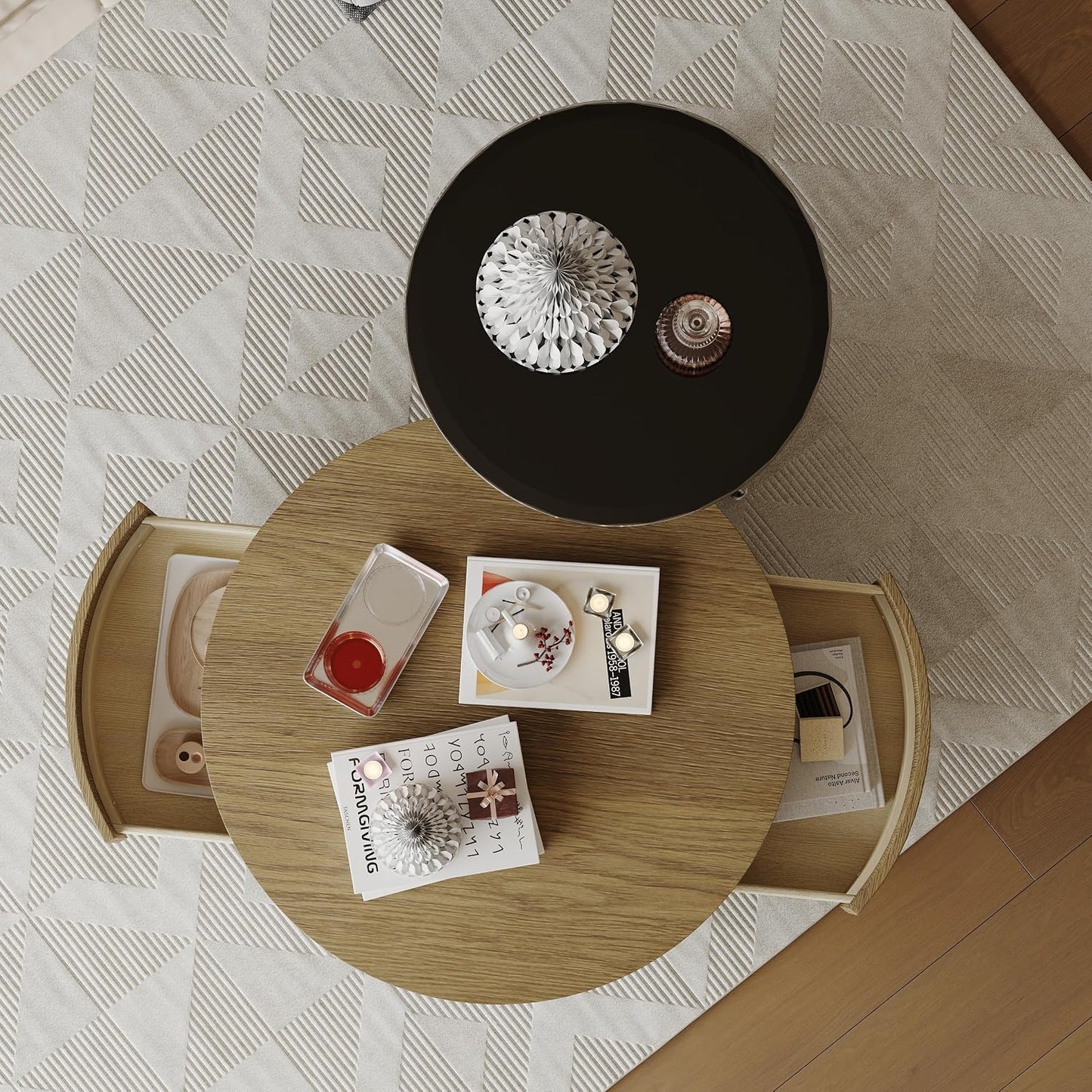 31.5 Inch Round Walnut Coffee Table with Hidden Storage Drawers and Silver Polished Stainless Steel Base, Modern Coffee Table Set with Rolling Side Table for Living Room