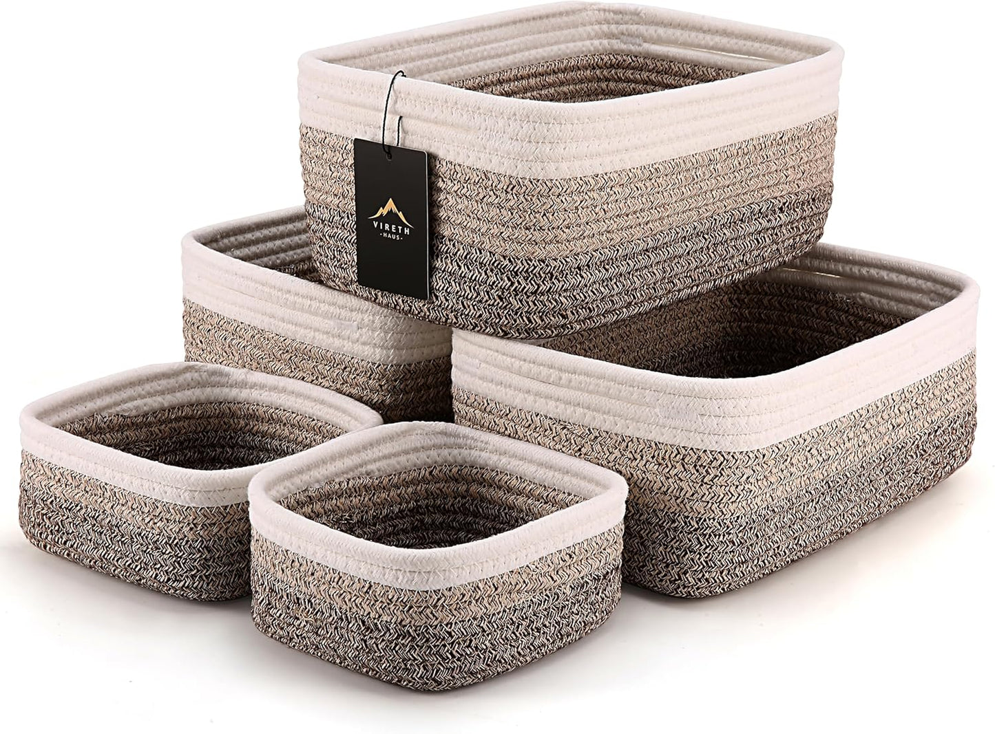 5-Pack Small Woven Rope Storage Baskets, 2 Sizes Organizer Bins | Fabric Cube Boxes and Rectangular Shallow Bins for Closet, Shelf, Bookshelf, Nursery, Changing Table, Bathroom, Toys & Home
