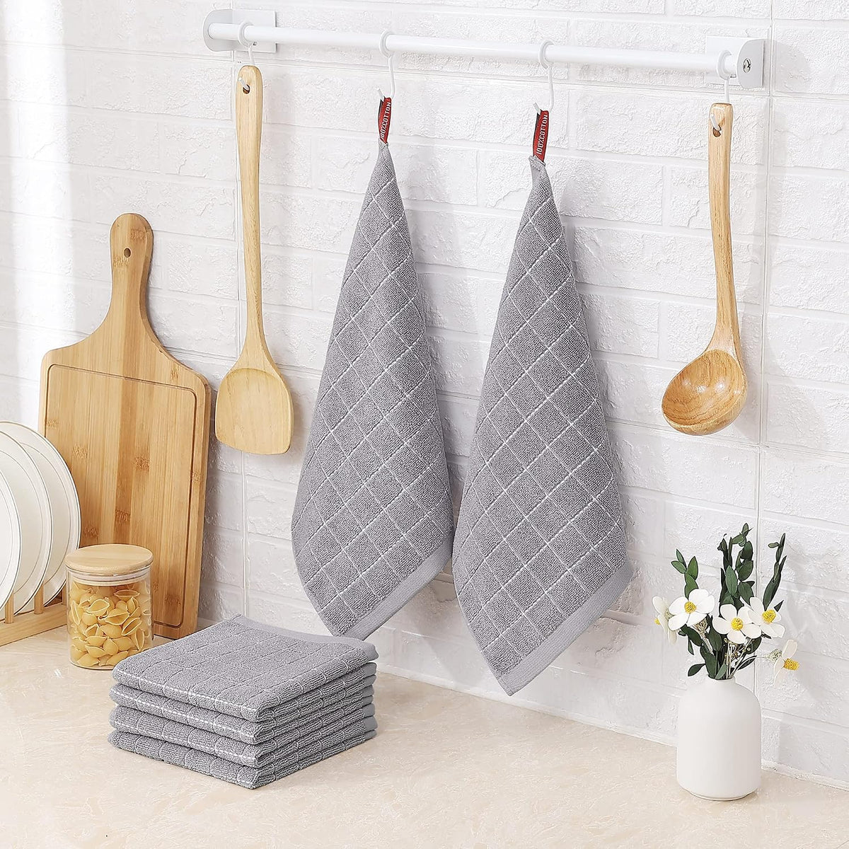 Homaxy 100% Cotton Terry Kitchen Dish Cloths, 8 Pack, Light Grey