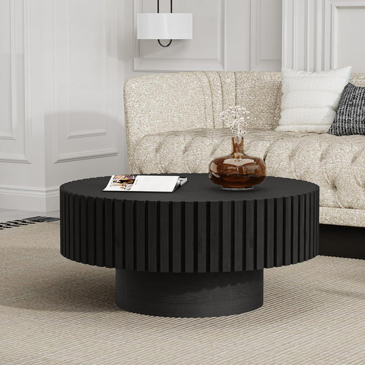 Modern Round Coffee Table for Living Room (Round Black) | Drum Round Fluted Coffee Table, Circular Pedestal Center Table, for Office Patio