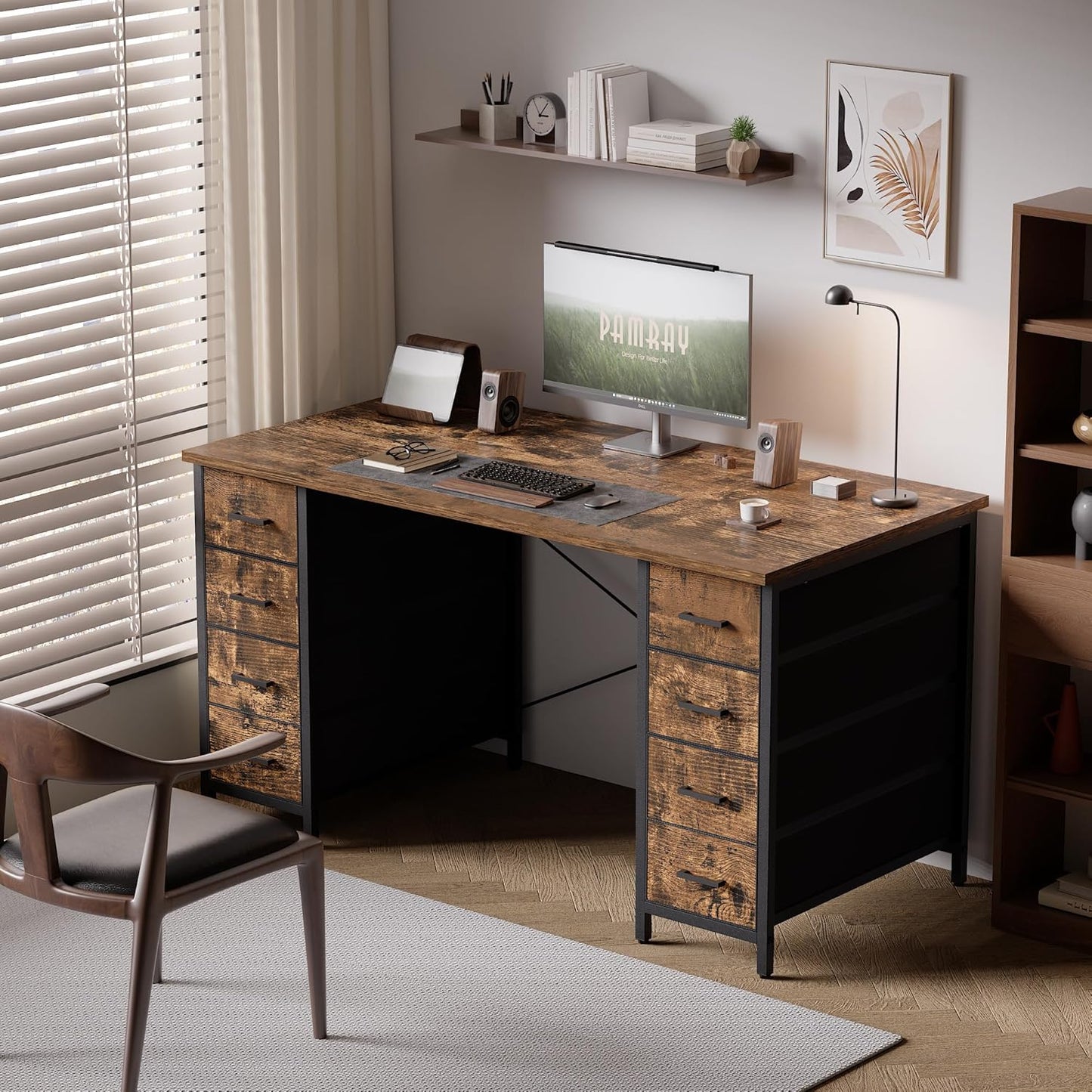 Pamray 47 Inch Computer Desk with 8 Fabric Drawers PC Gaming Desk Home Office Study Work Writing Table for Bedroom Vintage