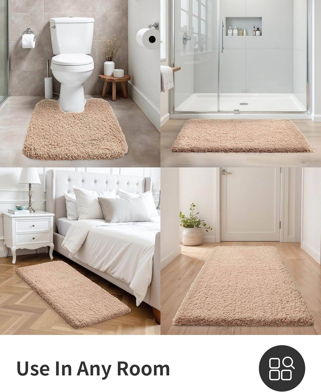 ILANGO Beige Bathroom Rugs 32" × 20" Non Slip & Super Absorbent Extra Thick Soft, Washable Bath Mat for Floor, Microfiber Plush Shaggy Bath Rug with Rubber for Bathtub Shower Room Sink