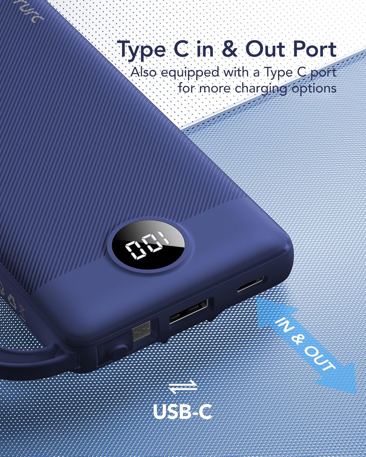 VRURC Portable Charger, Built in 4 Cables & Lanyard Power Bank 10000mAh, Compact USB C Phone Charging Bank 5 Outputs for Multi Devices,Travel Essential for Hiking Camping Business-Navy(1 Pack)