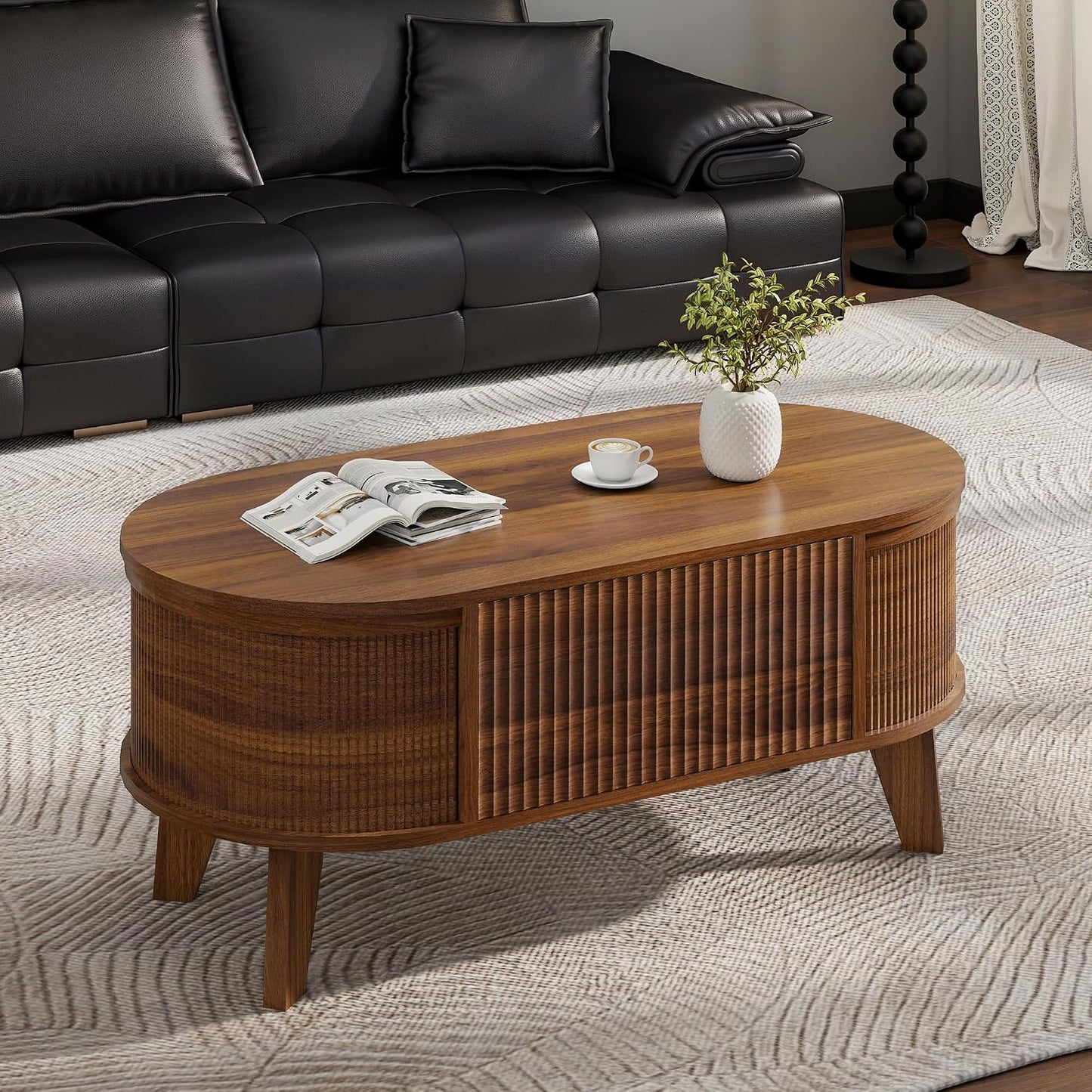 LYNCOHOME 43.3'' Fluted Lift Top Coffee Table with Storage,Modern Oval Coffee Table for Living Room or Home Office（Walnut）