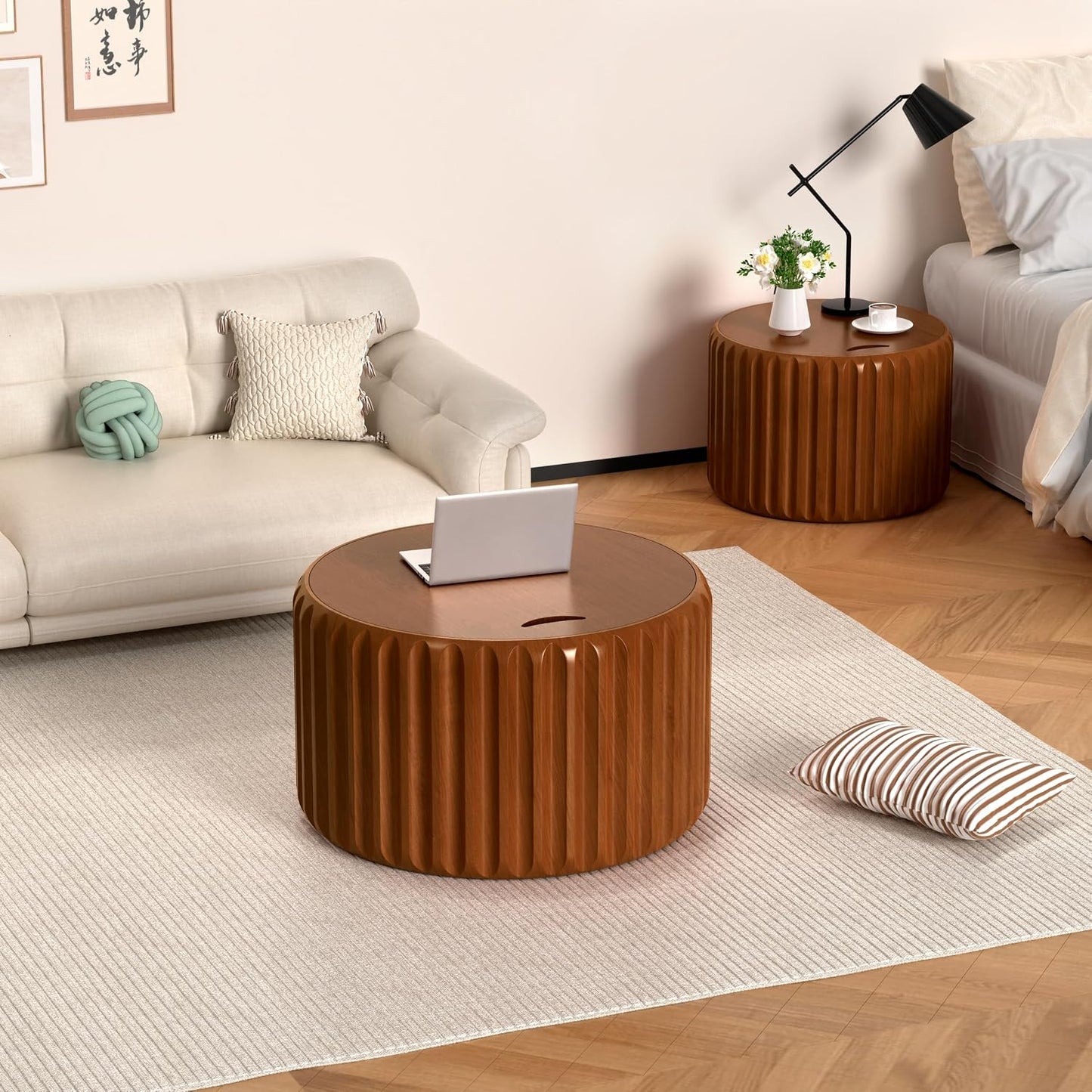 26" Round Nesting Coffee Table Set of 2 with Storage, A | Flip-Top Lid, Wood Veneer Tableop, Wood Groove, Non-Slip Pad, For Living Room, Nesting Design, 2-Piece End Table Sets