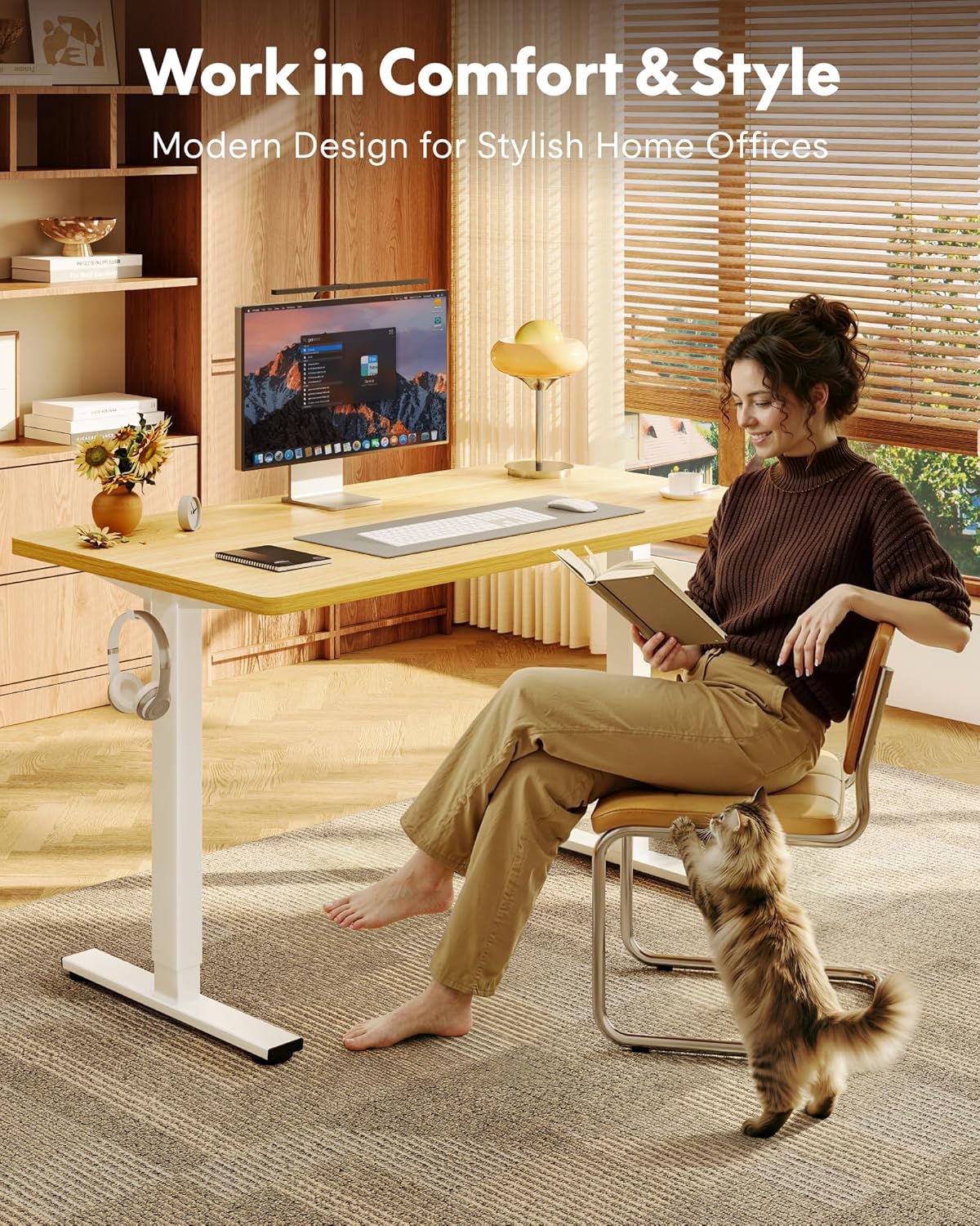 FLEXISPOT EN1 One-Piece Standing Desk, Electric Adjustable with 4 Memory Presets, 176 LBS Capacity, Stable & Quiet, Seamless Desktop for Home Office & Dual Monitors, 48"x24" Maple(White Frame)