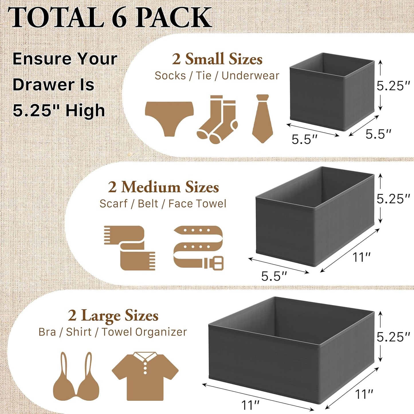 Simple Houseware Underwear Drawer Organizer for Lingerie/Undergarment/Bra/Panty/Sock/Onesie, Set of 6, Dark Gray