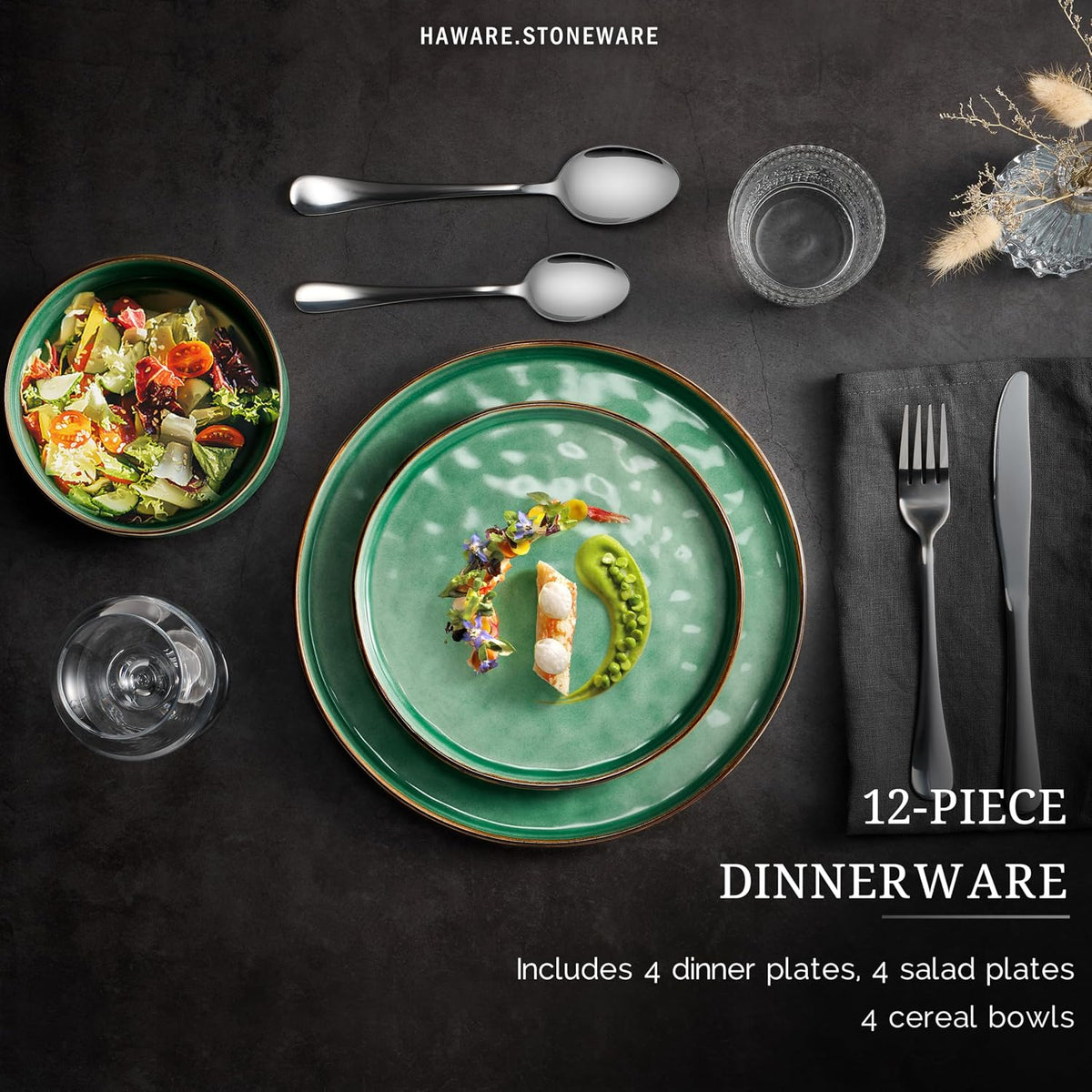 HaWare Dinnerware Sets, 12-Piece Plates and Bowls Set, Stoneware Dish Set for 4, Ceramic Dinnerware for Home Restaurant, Chip and Scratch Resistant, Microwave and Dishwasher Safe, Reactive Green