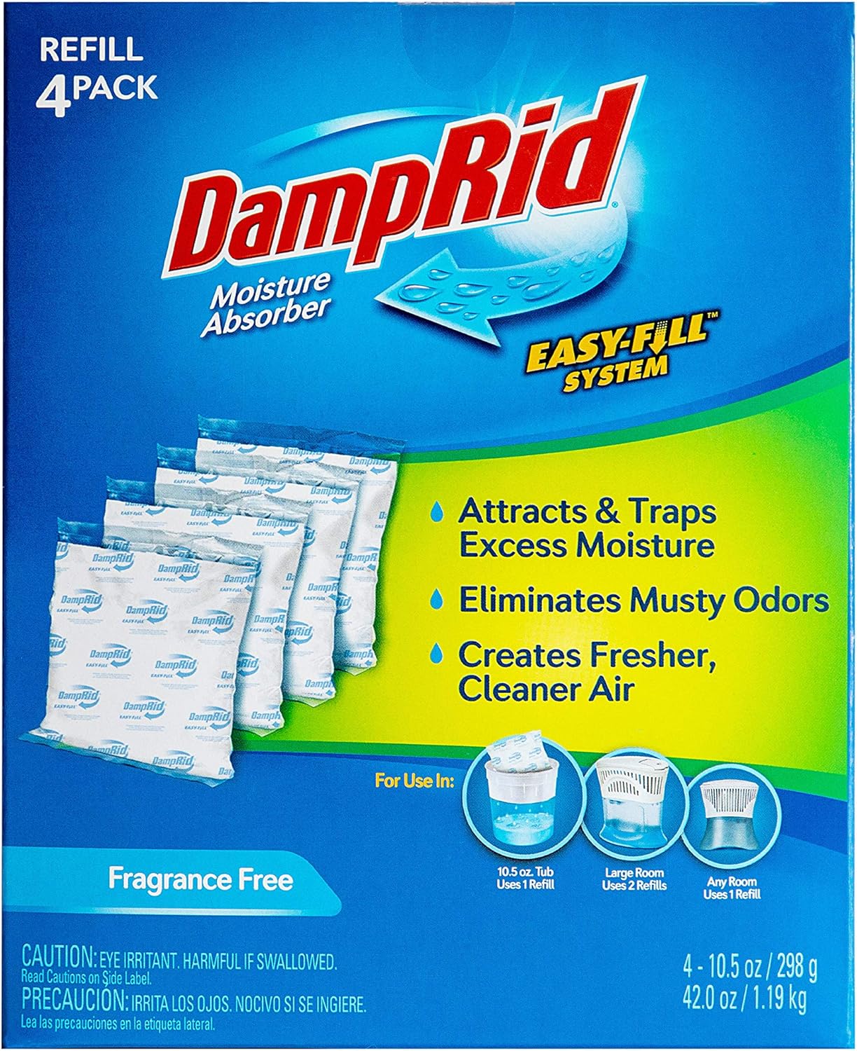 DampRid - Fragrance Free Moisture Absorber 10.5 oz. Easy Fill Refill Packs - 4 count – Attracts & Traps Moisture for Fresher, Cleaner Air