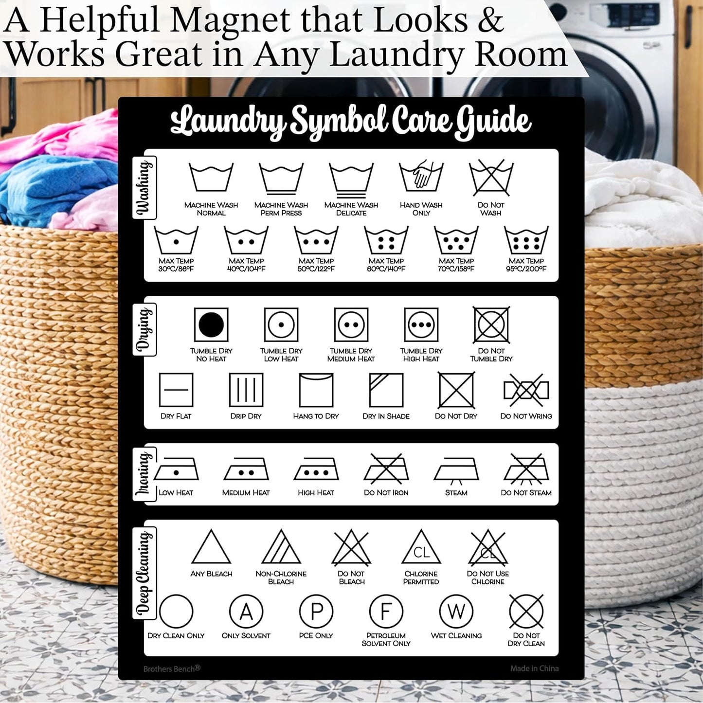 Farmhouse Laundry Symbols Magnet, 8x10 Laundry Symbols Chart, 39 Icons for Clothing Care Guide, Laundromat Care Symbol Wall Art for Home, Washing Room Sign Chart, Laundromat Room Organization & Decor