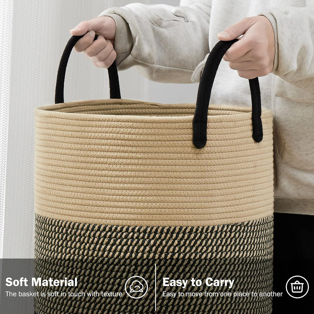 YOUDENOVA Woven Laundry Hamper Basket, 72L Tall Laundry Basket-Black&Brown