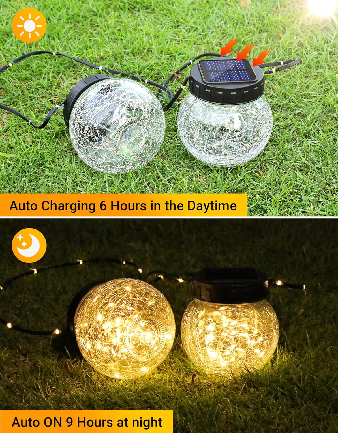 PARTPHONER Solar Lights Outdoor Waterproof 12-Pack, Solar Powered Hanging Lantern Cracked Glass Hanging Globes for Yard Decor Christmas Decoration, Shepherd Hook, Garden Tree Ornaments, Warm White