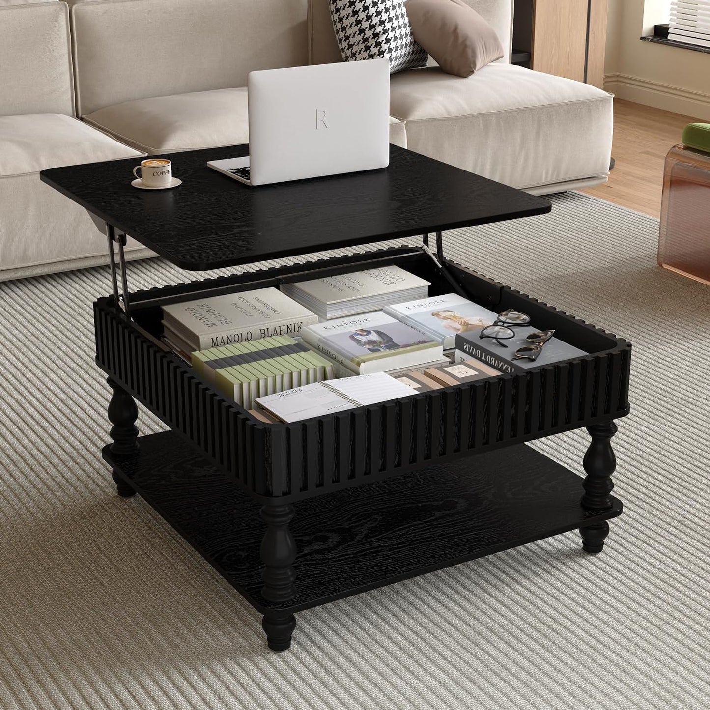 31.5 Inch Square Lift Top Coffee Table with Hidden Storage, 2 Tier Wooden Square Fluted Coffee Table with Open Shelf & Sculpted Legs, Retro Center Table for Living Room, Apartment, Home Office, Black