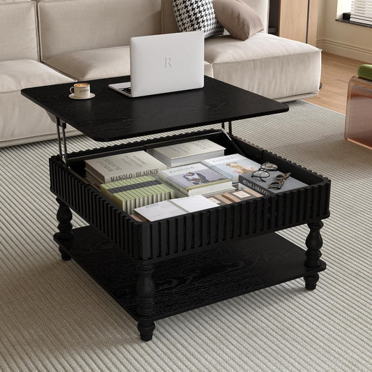 31.5 Inch Square Lift Top Coffee Table with Hidden Storage, 2 Tier Wooden Square Fluted Coffee Table with Open Shelf & Sculpted Legs, Retro Center Table for Living Room, Apartment, Home Office, Black