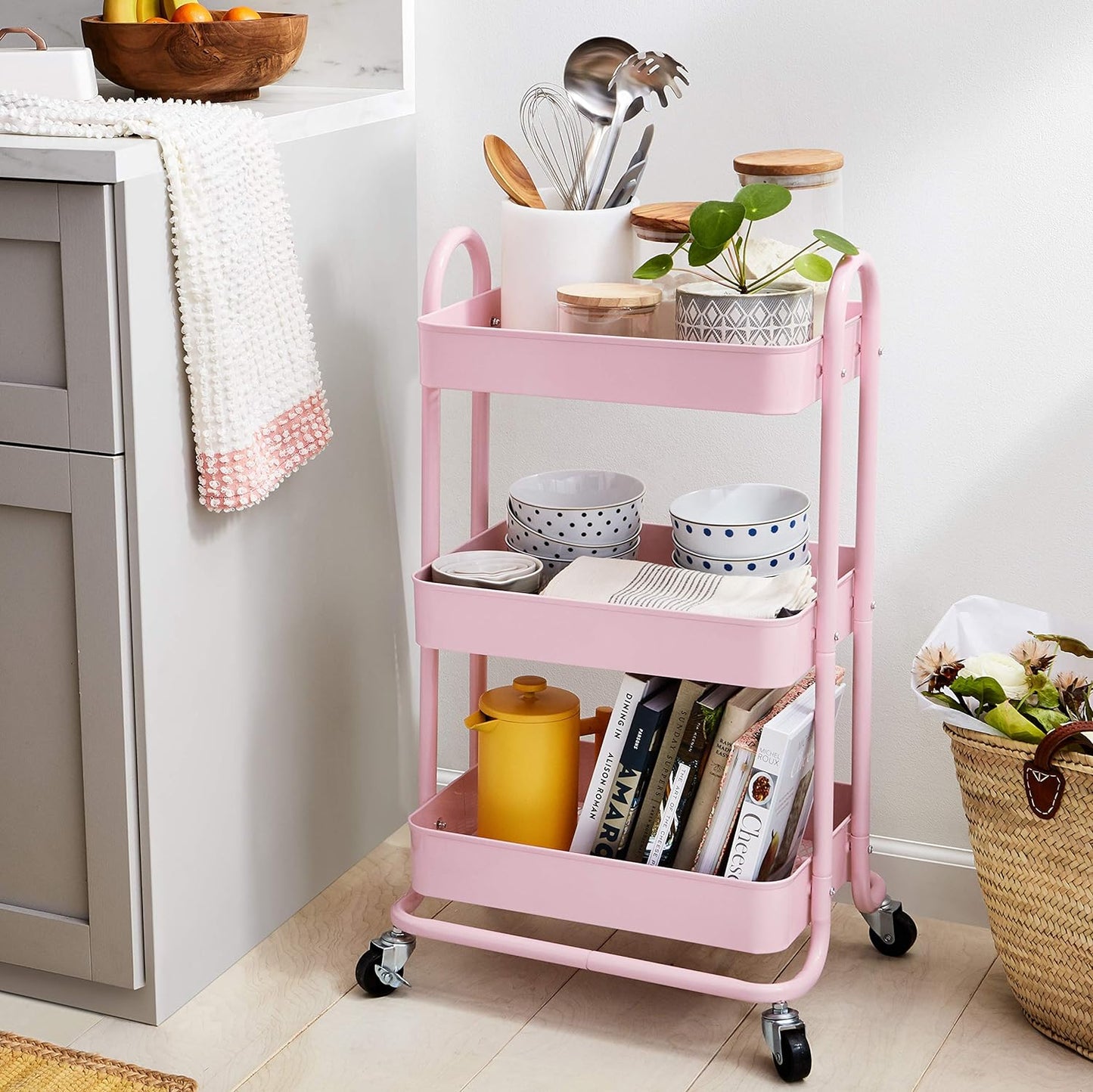 Amazon Basics 3-Tier Rolling Utility or Kitchen Cart, Lockable Wheels, Multifunctional Storage, Metal Storage Organizer, Portable, Dusty Pink