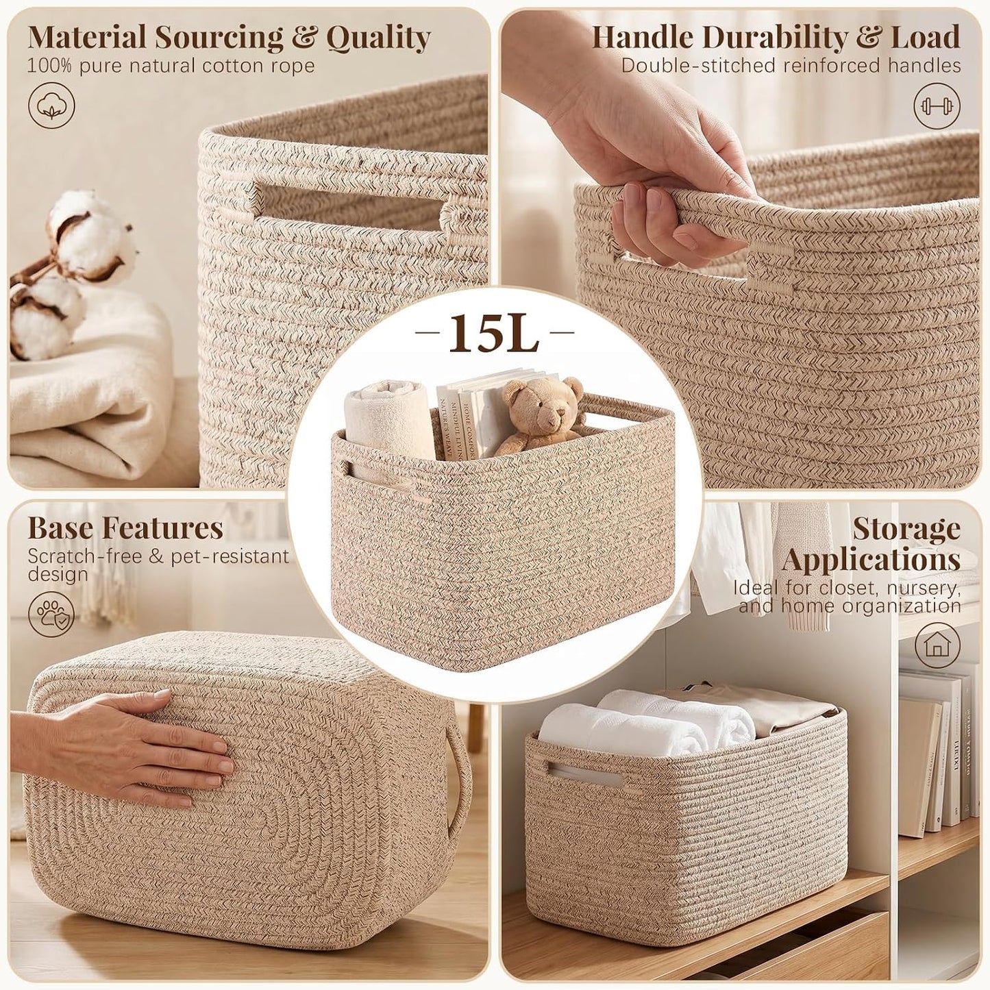 OIASKET 4Packs Natural Cotton Rope Storage Baskets for Organizing Toys, Clothes, Towels & Books, Soft Versatile Organizers for Shelves, Home Decorative Bins, 13''Lx9''Wx7.8''H, Brown