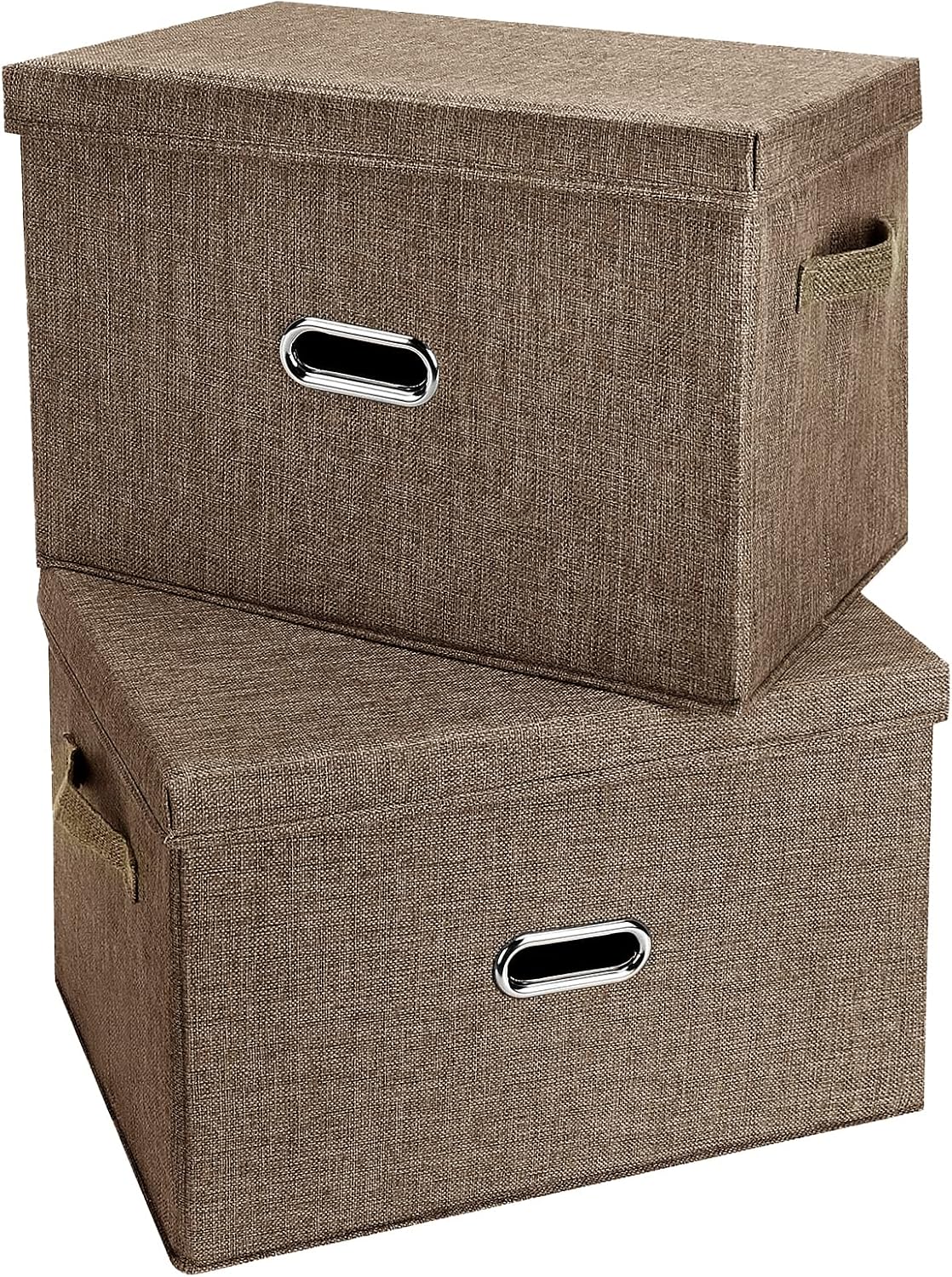 Large Linen Fabric Foldable Storage Bins with Removable Lid and Handles, Washable Storage Box Organizer Containers Baskets Cube with Cover for Bedroom,Office(Cream, Large(2-Pack))