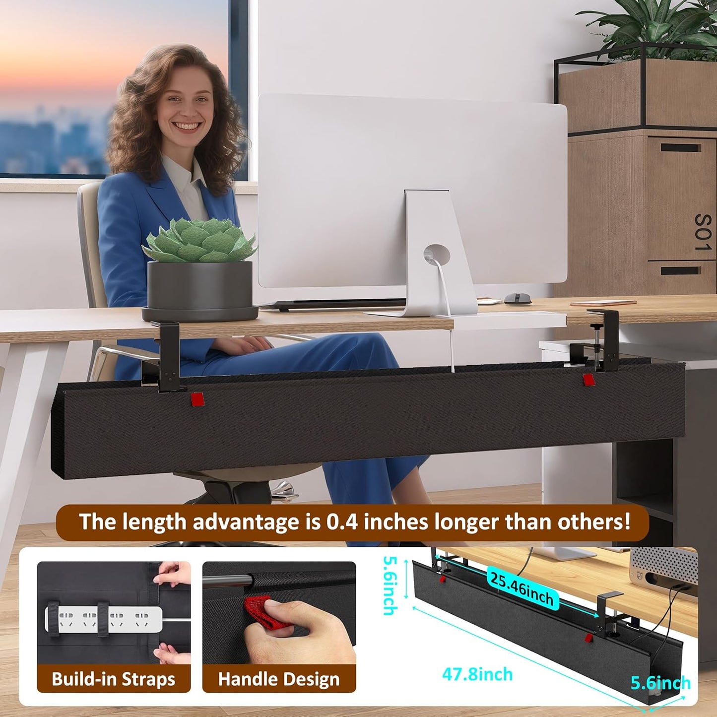 48" Gaming Under Desk Cable Management Tray, Black No Drill Cord Organizer for PC Setup, Large Anti-Sag Wire Hider, Stealth Cable Management Net for Battlestation (Black, 47.8")