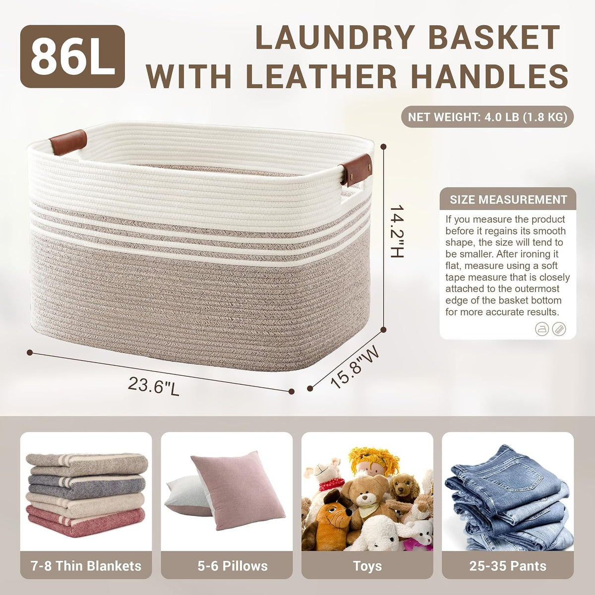86L Large Woven Laundry Basket Hamper with Leather Handles,Brown