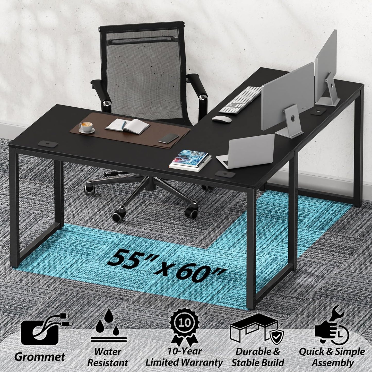 SHW 55 x 60 Inches Commercial-Grade L-Shape Corner Office Computer Desk, Black