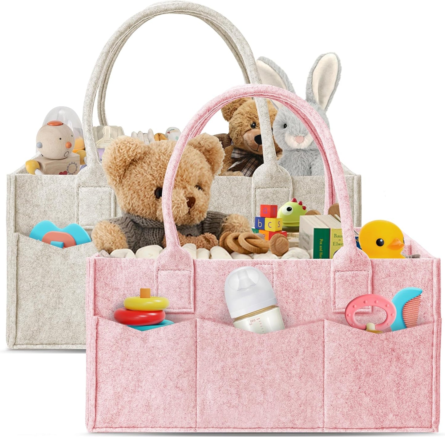 HIPHOP PANDA 2-Pack Diaper Caddy Organizer - Nursery Storage Bin & Car Organizer for Diapers, Wipes, and Baby Essentials - Dual-Color Solid Set (Pink/Oatmeal), Regular Size