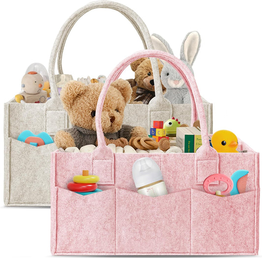 HIPHOP PANDA 2-Pack Diaper Caddy Organizer - Nursery Storage Bin & Car Organizer for Diapers, Wipes, and Baby Essentials - Dual-Color Solid Set (Pink/Oatmeal), Regular Size