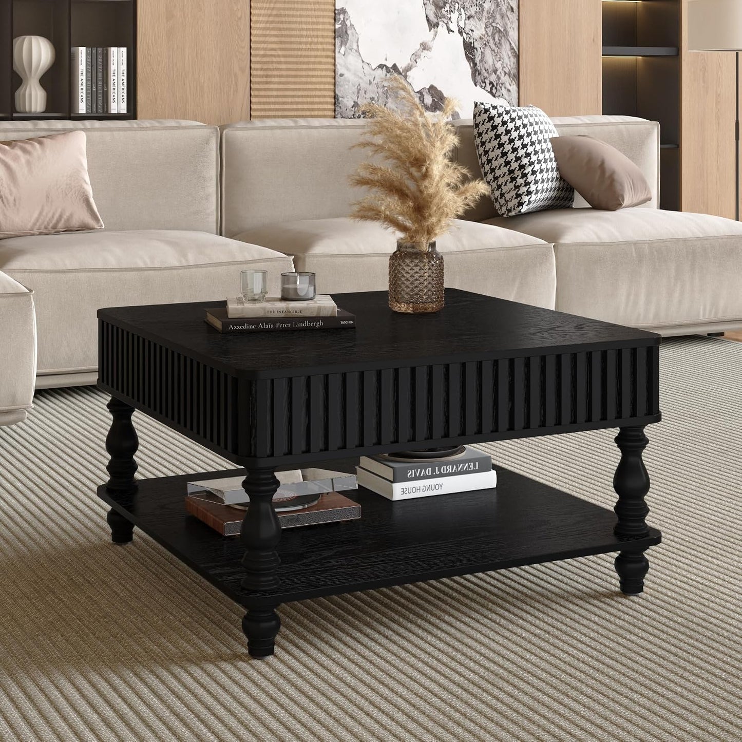 31.5 Inch Square Lift Top Coffee Table with Hidden Storage, 2 Tier Wooden Square Fluted Coffee Table with Open Shelf & Sculpted Legs, Retro Center Table for Living Room, Apartment, Home Office, Black