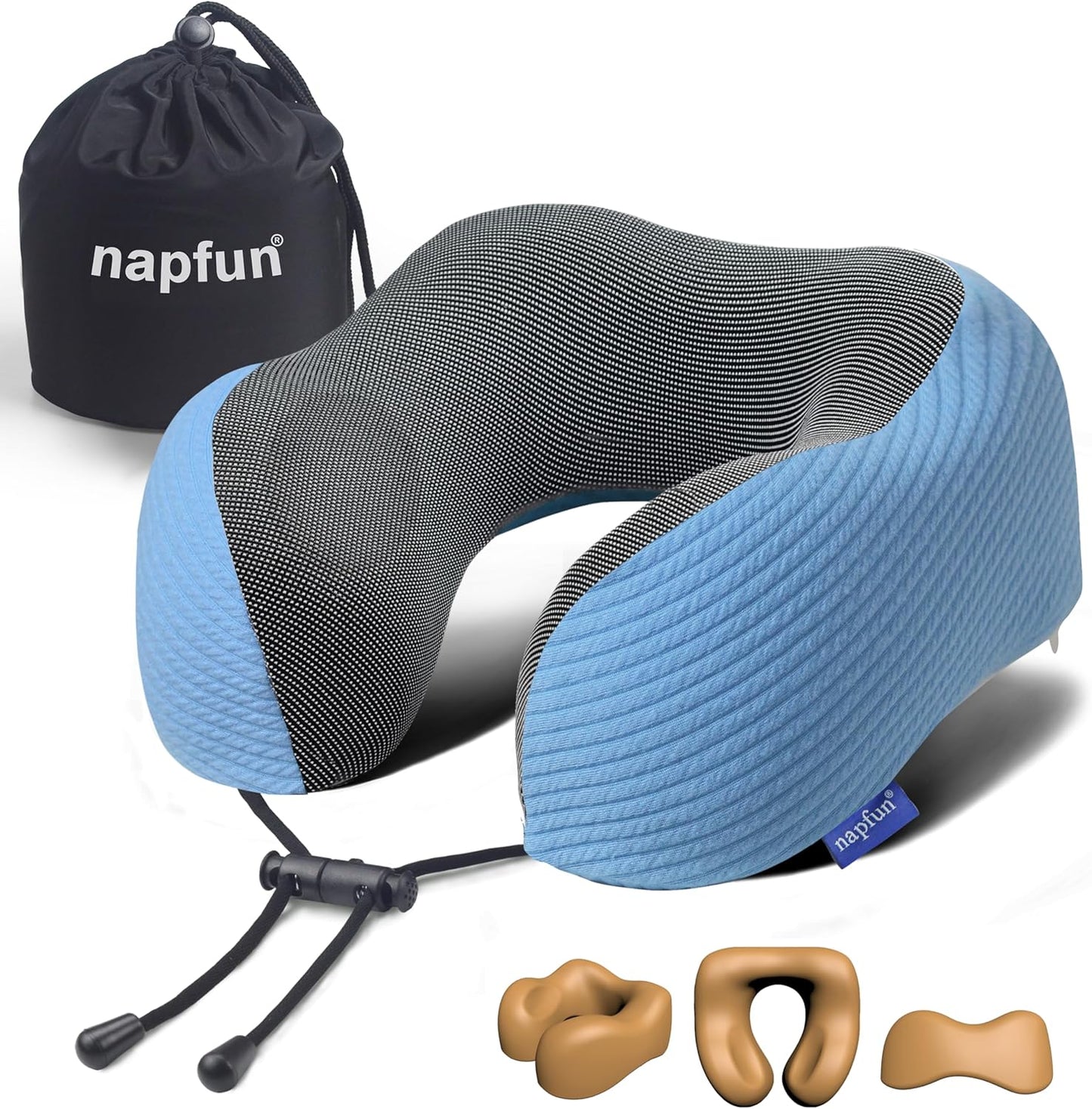 napfun Neck Pillow for Traveling, Upgraded Travel Neck Pillow for Airplane 100% Pure Memory Foam Travel Pillow for Flight Headrest Sleep, Portable Plane Accessories, Blue