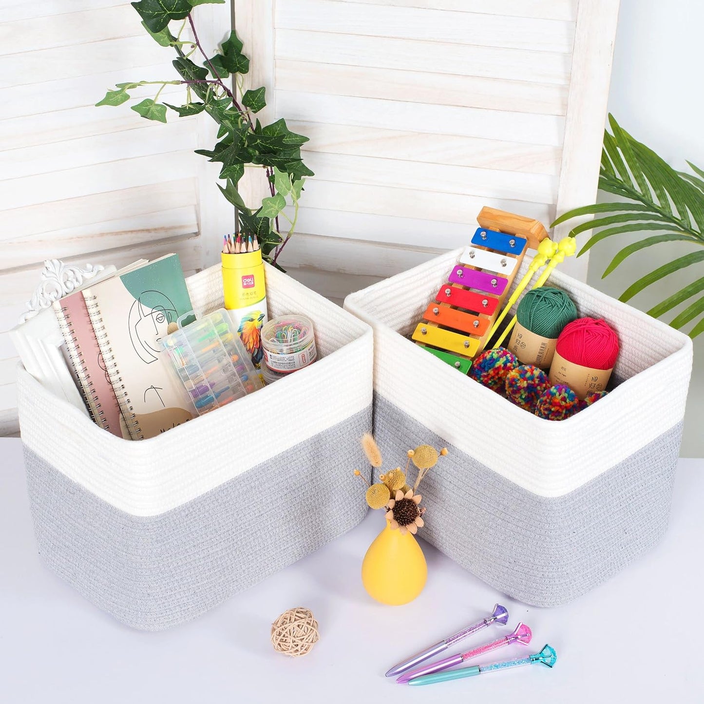 MINTWOOD Design 3-Pack Storage Baskets for Shelves, Playroom and Classroom, Book Basket, Decorative Storage Cube Bins, Woven Closet Organizers, Pantry and Shoe Organizer, Grey