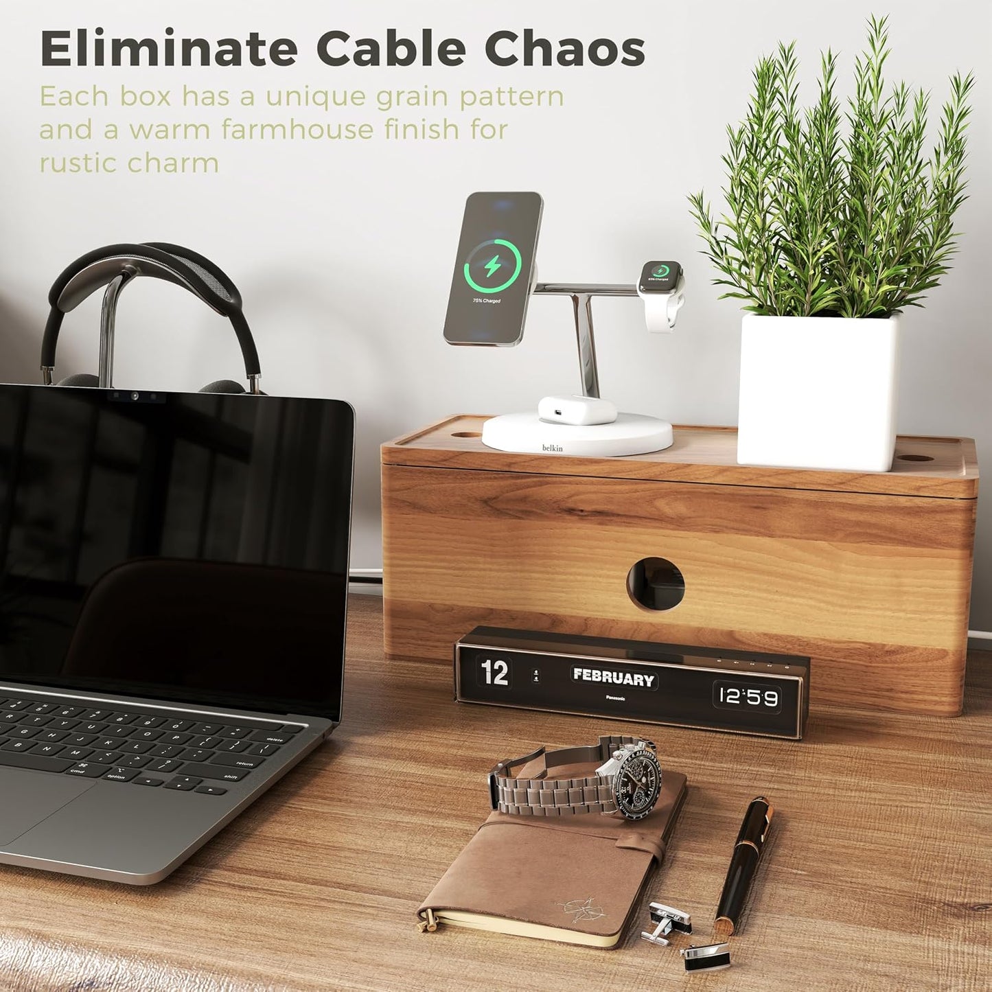 Large Cable Management Box Acacia Wood Cord Organizer Power Strip & Cables | Acacia Wood Cable Hider; Large Electrical Cord Storage; Hide TV Wires & Power Strips; Rustic Style; Home Office & Living Room