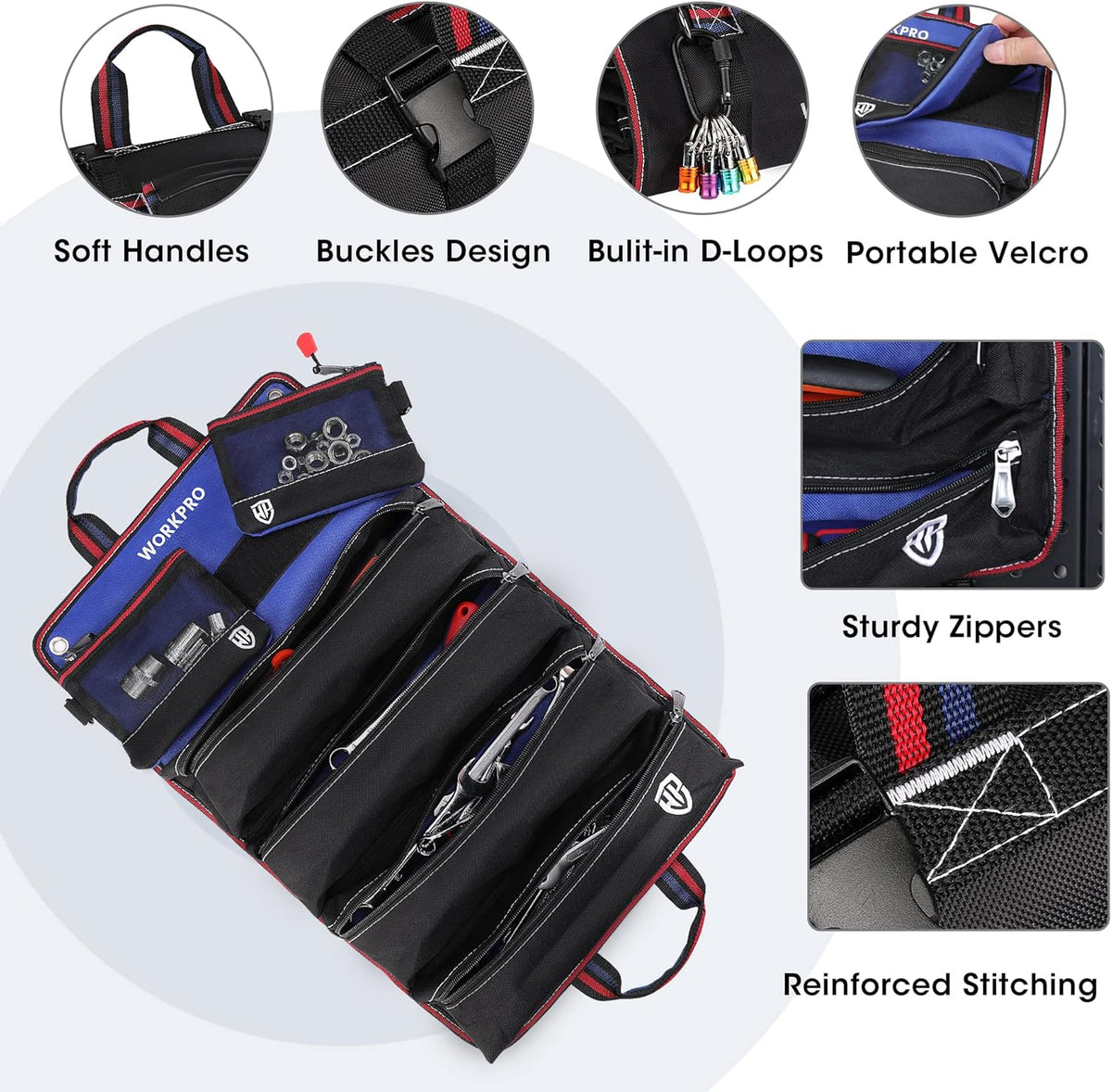 WORKPRO Roll Up Tool Bag, Tool Roll Up Bag with Detachable Tool Pouches, Heavy Duty Tool Bag Organizer with 6 Pockets, Tool Organizer for Mechanic, Electrician, Plumber and Carpenter