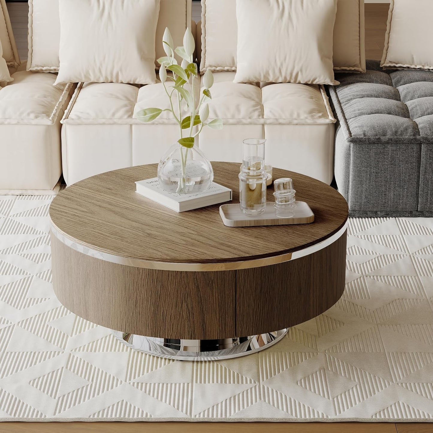 31.5 Inch Round Walnut Coffee Table with Hidden Storage Drawers and Silver Polished Stainless Steel Base, Modern Coffee Table Set with Rolling Side Table for Living Room